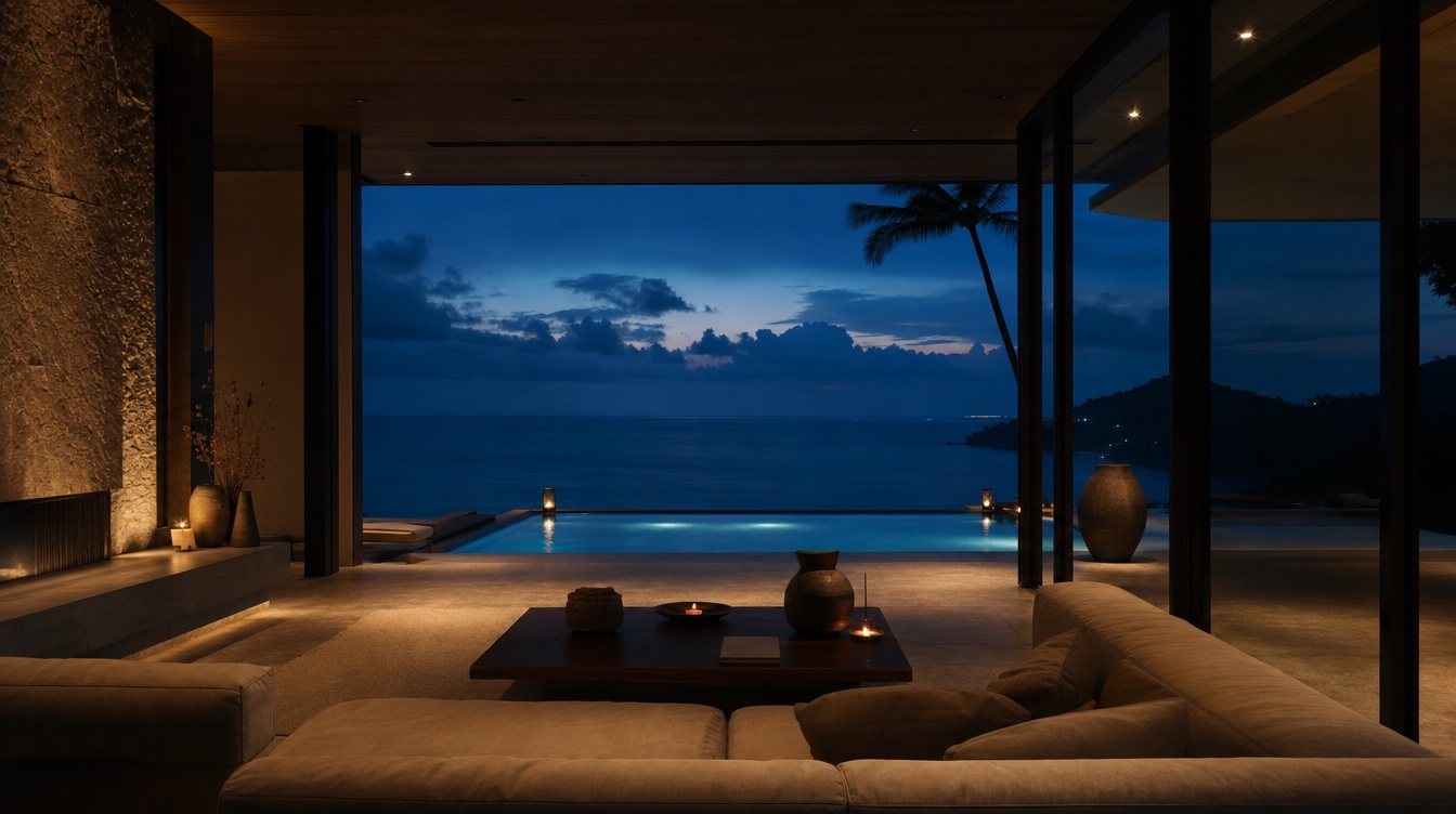 Luxury villa interior at twilight overlooking the ocean