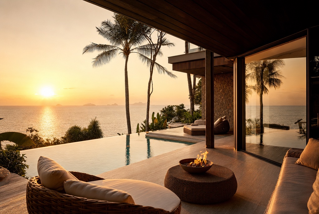 Ocean view residence terrace at golden hour