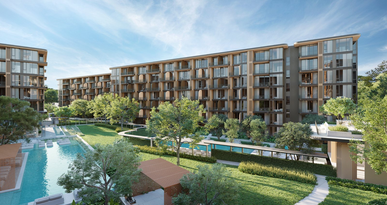 The landscaped courtyard and its pools by day