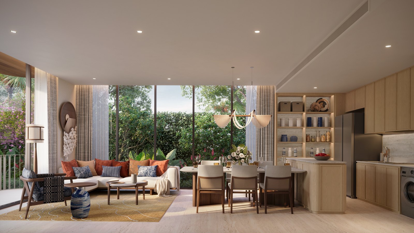 Two-bedroom apartment: living room and kitchen with a view of the garden