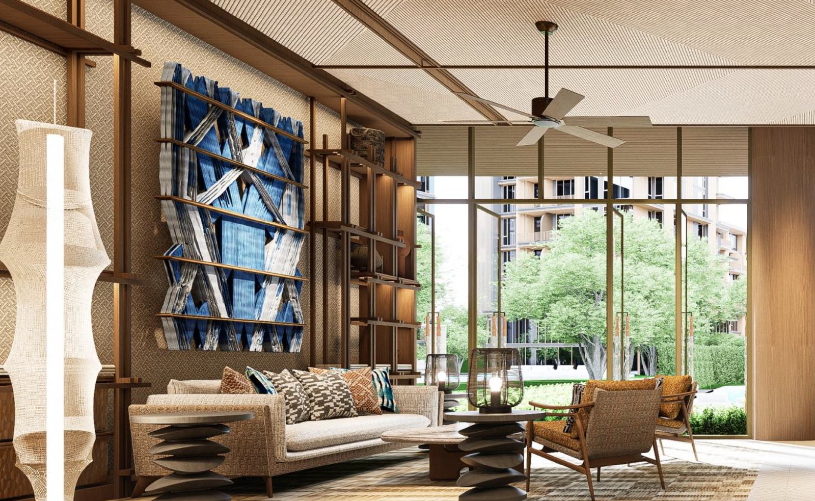 The lobby, with a woven artwork and lounge seating