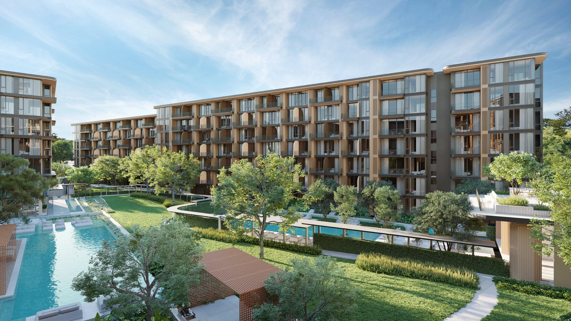 The landscaped courtyard and its pools by day