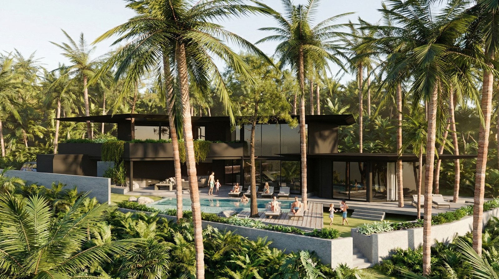 A villa among the coconut palms, pool and deck along the front