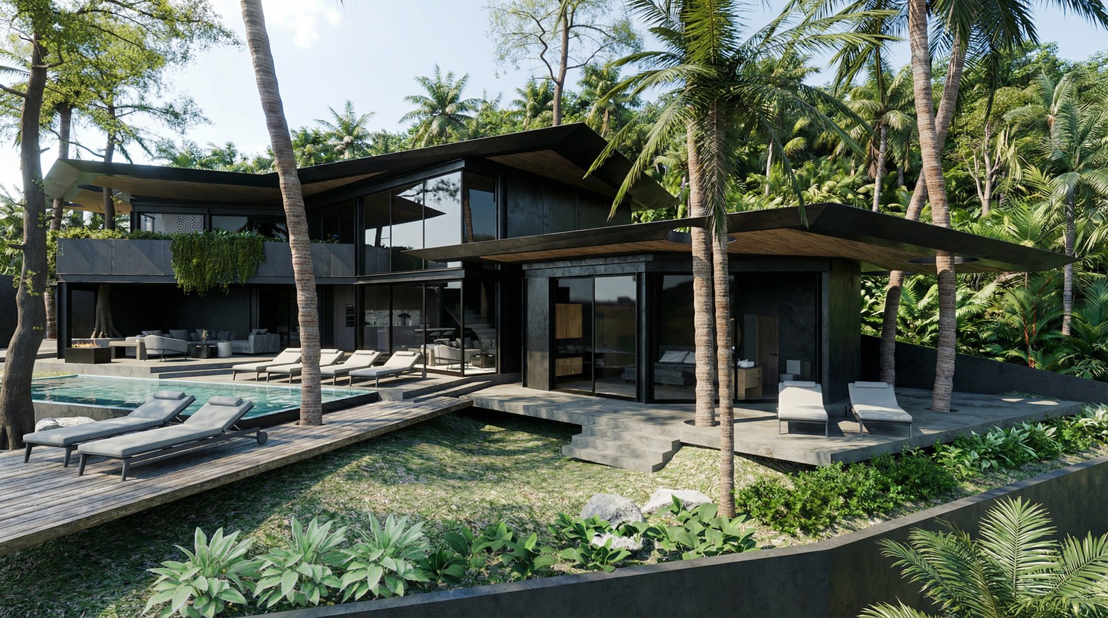 The pool deck and the open living pavilion behind it