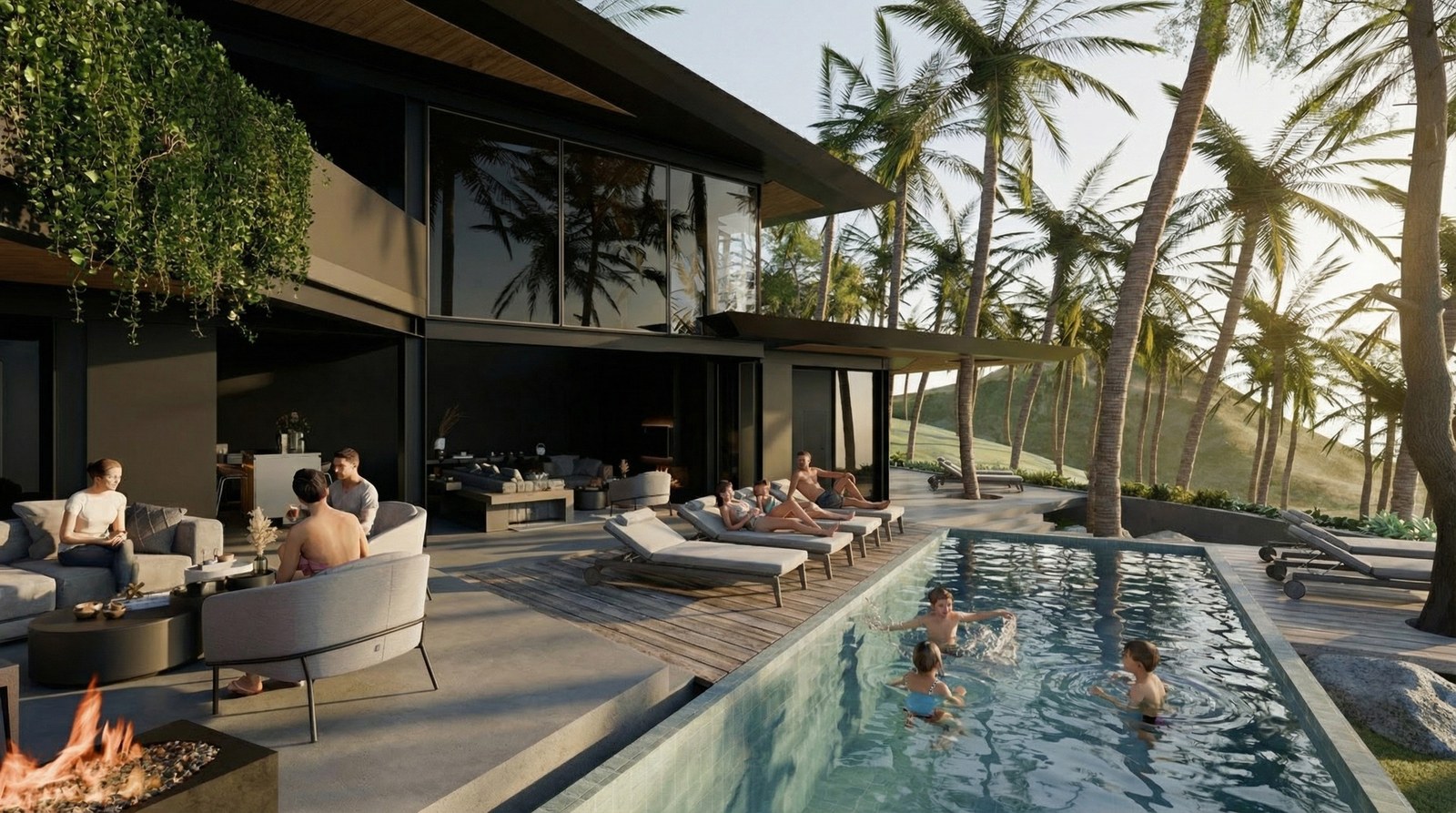 The pool in use, seating and the fire table on the terrace