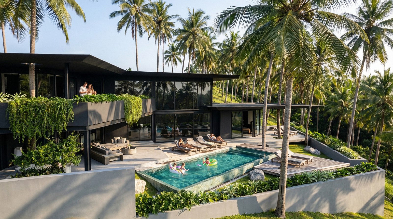 Planted roof terrace over the pool level
