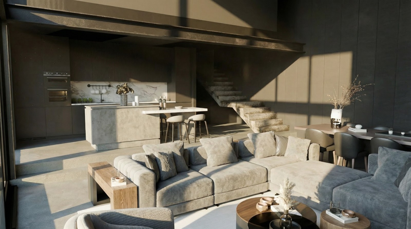 Living room and kitchen under a six-metre ceiling