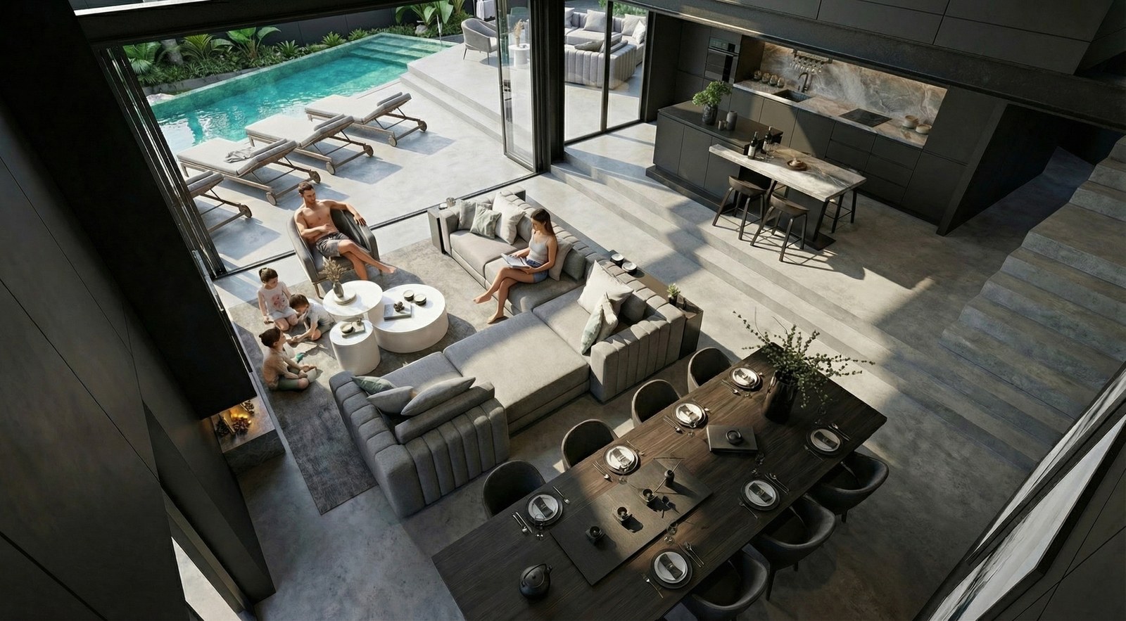 The living and dining space seen from above, pool alongside