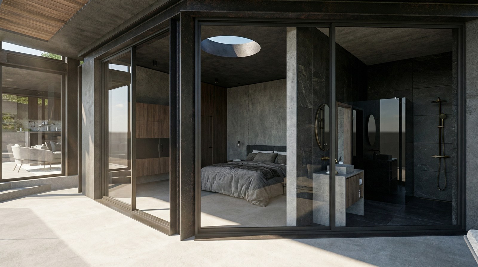 Bedroom and en-suite bathroom behind full-height glass