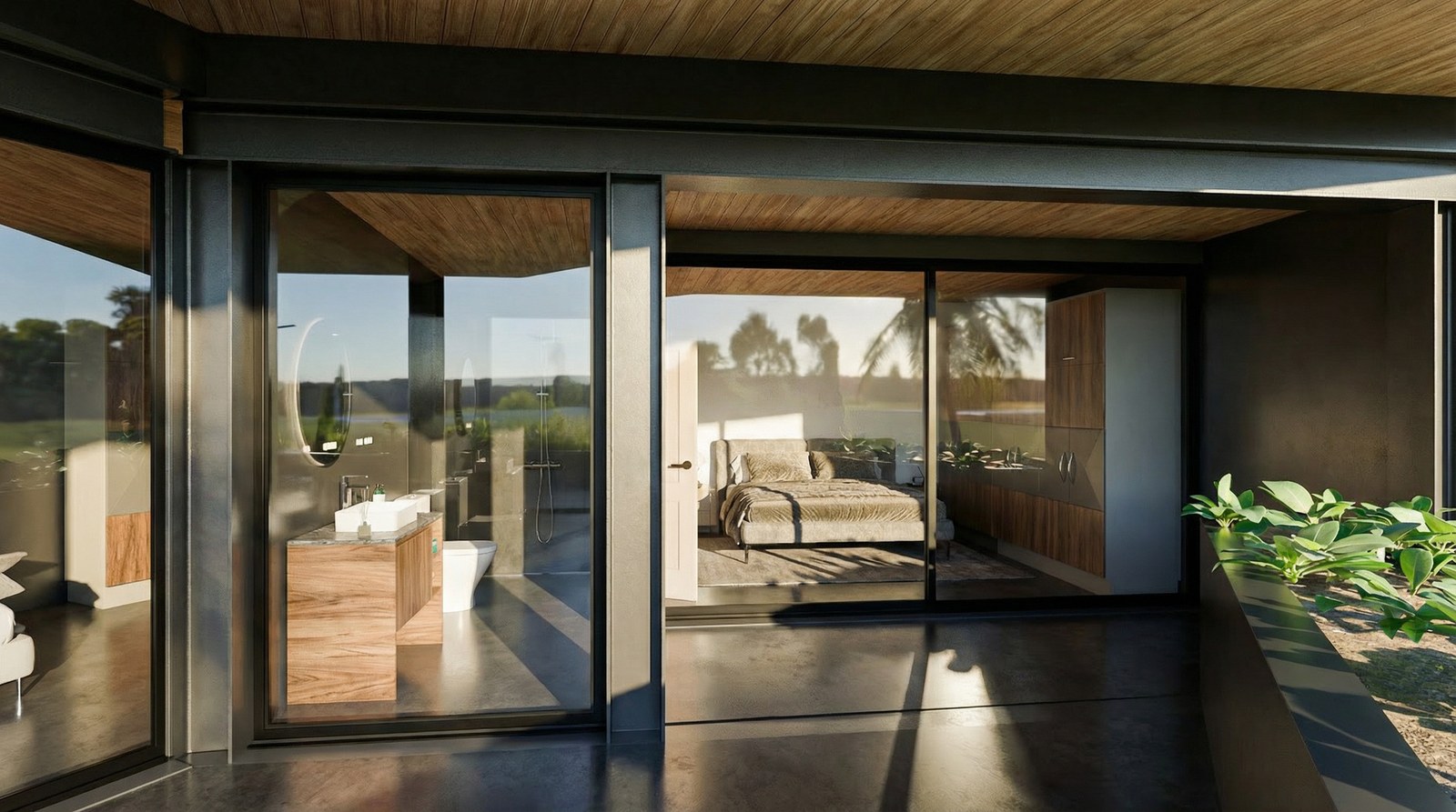 A bedroom looking out over the valley