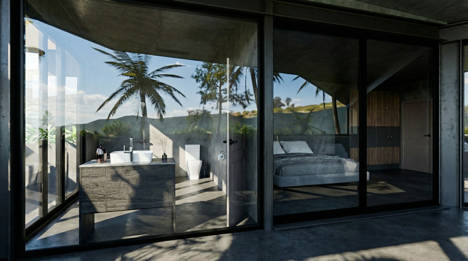 Bathroom and bedroom, glass on two sides