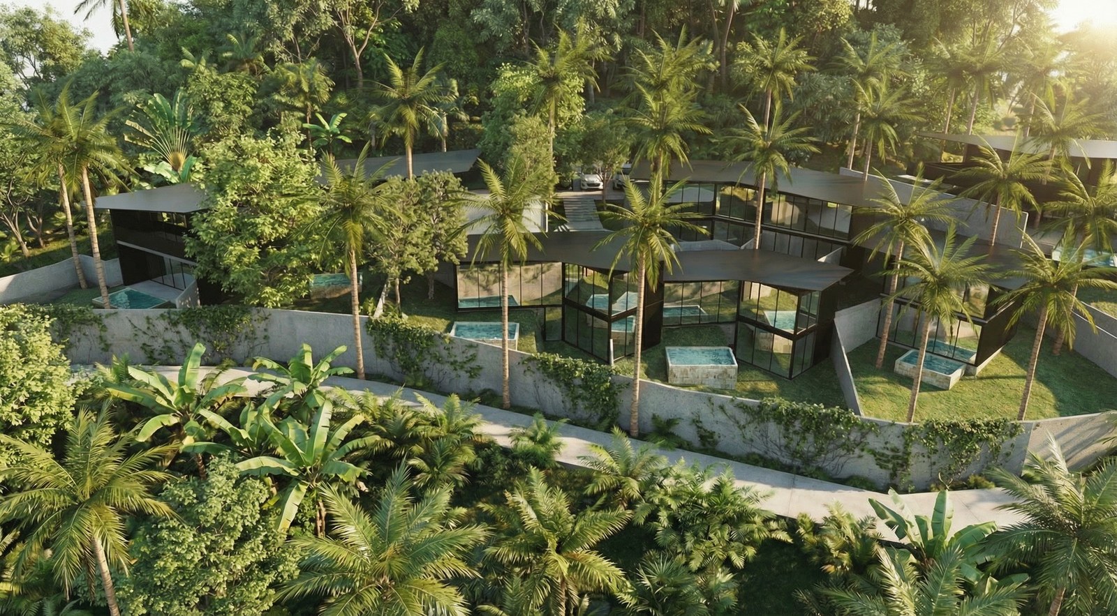 Villas stepped down the slope, each with its own pool