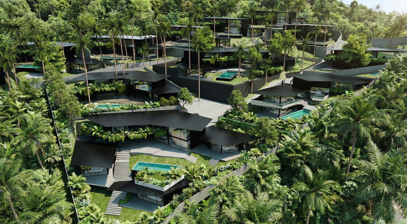 The estate from above, planted roofs among the palms