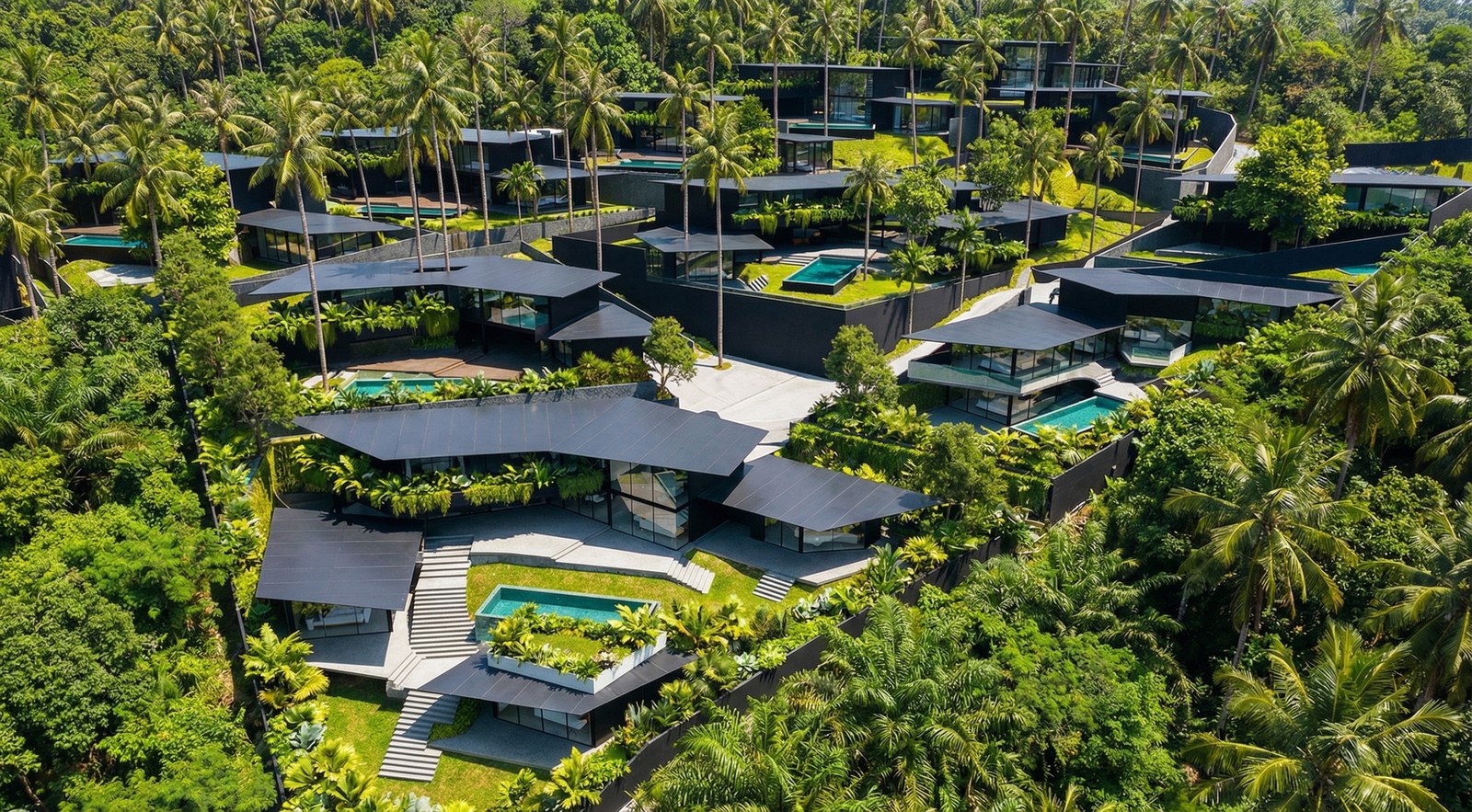 The layout of the estate, pools and roof gardens
