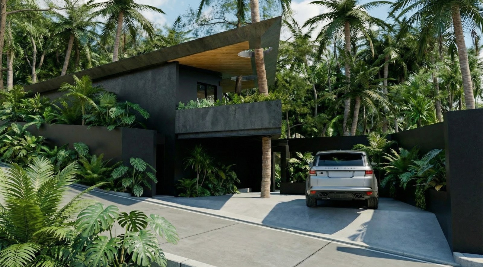 A villa entrance and covered parking