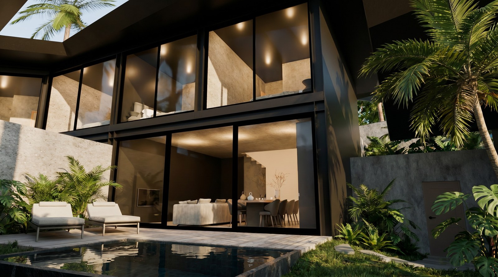 Garden loft courtyard and pool at night
