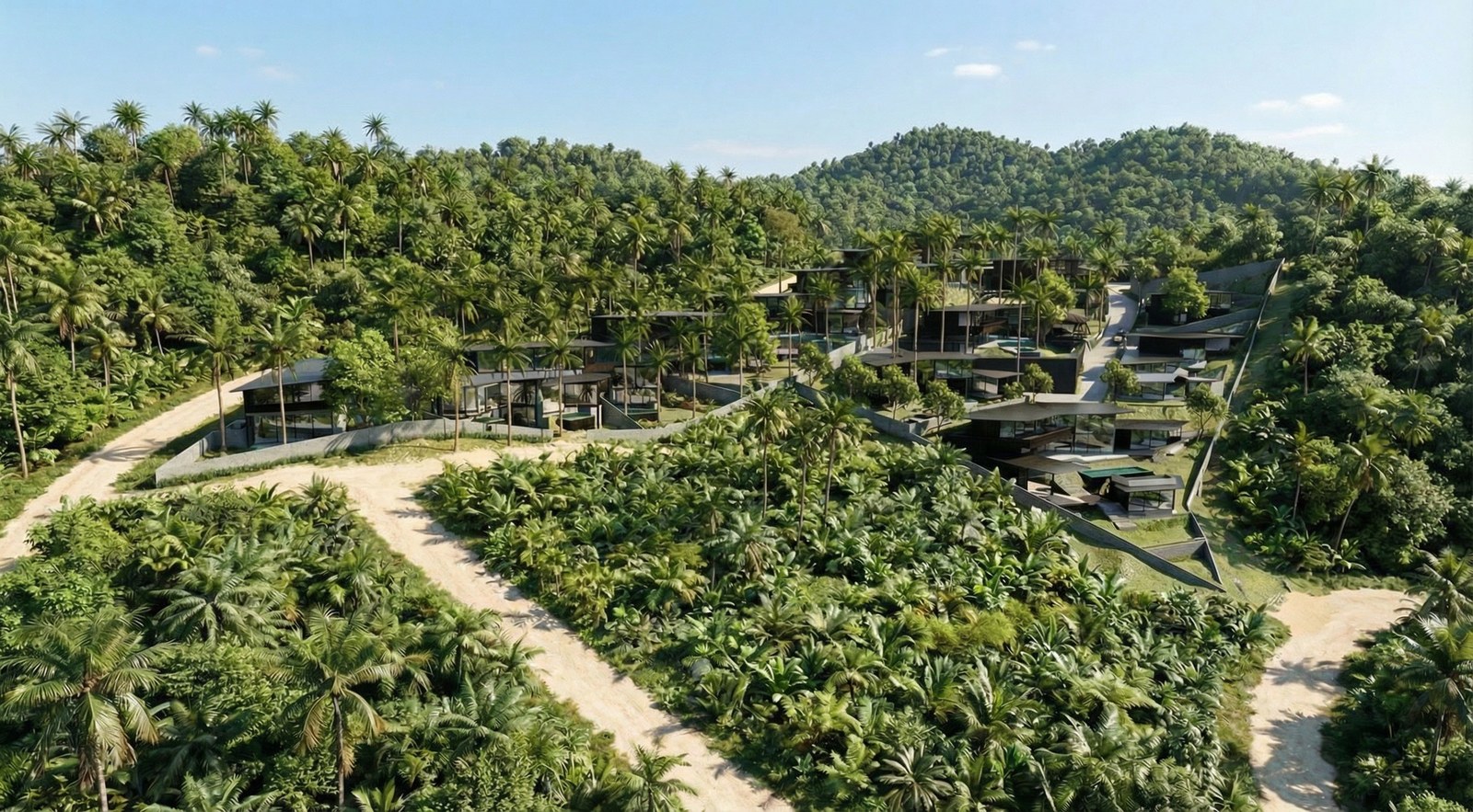 The site in the coconut hills, the road up and the valley