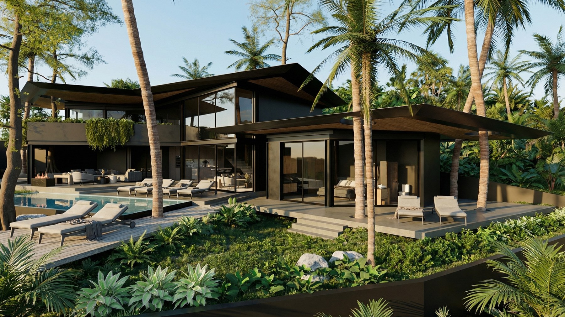 The pool deck and the open living pavilion behind it