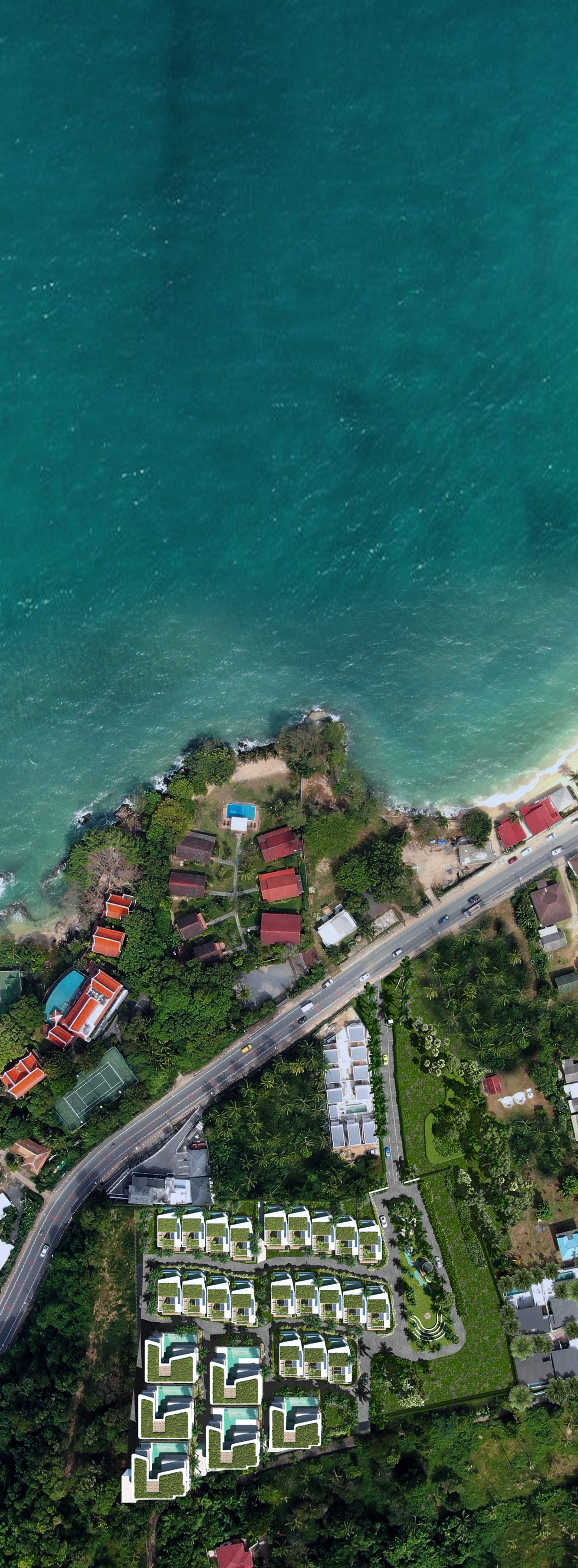 Aerial view of the beachfront at Bang Po