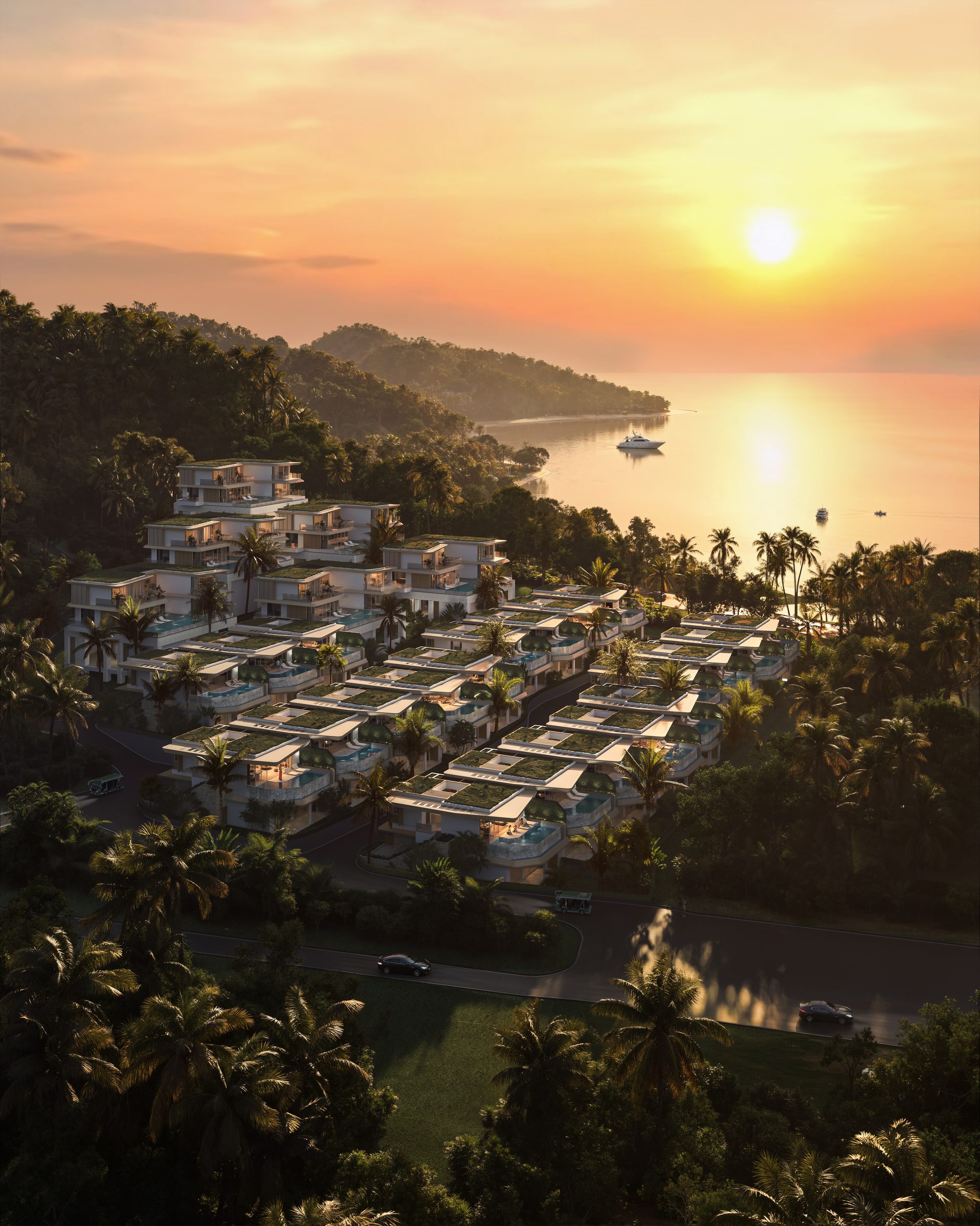 Aerial view of the development at sunset on the coast