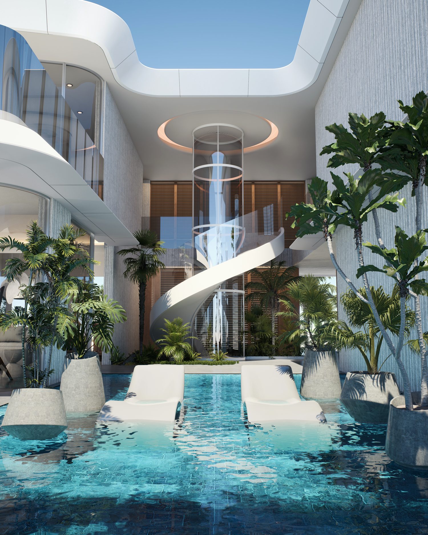 Double-height atrium with indoor reflection pool