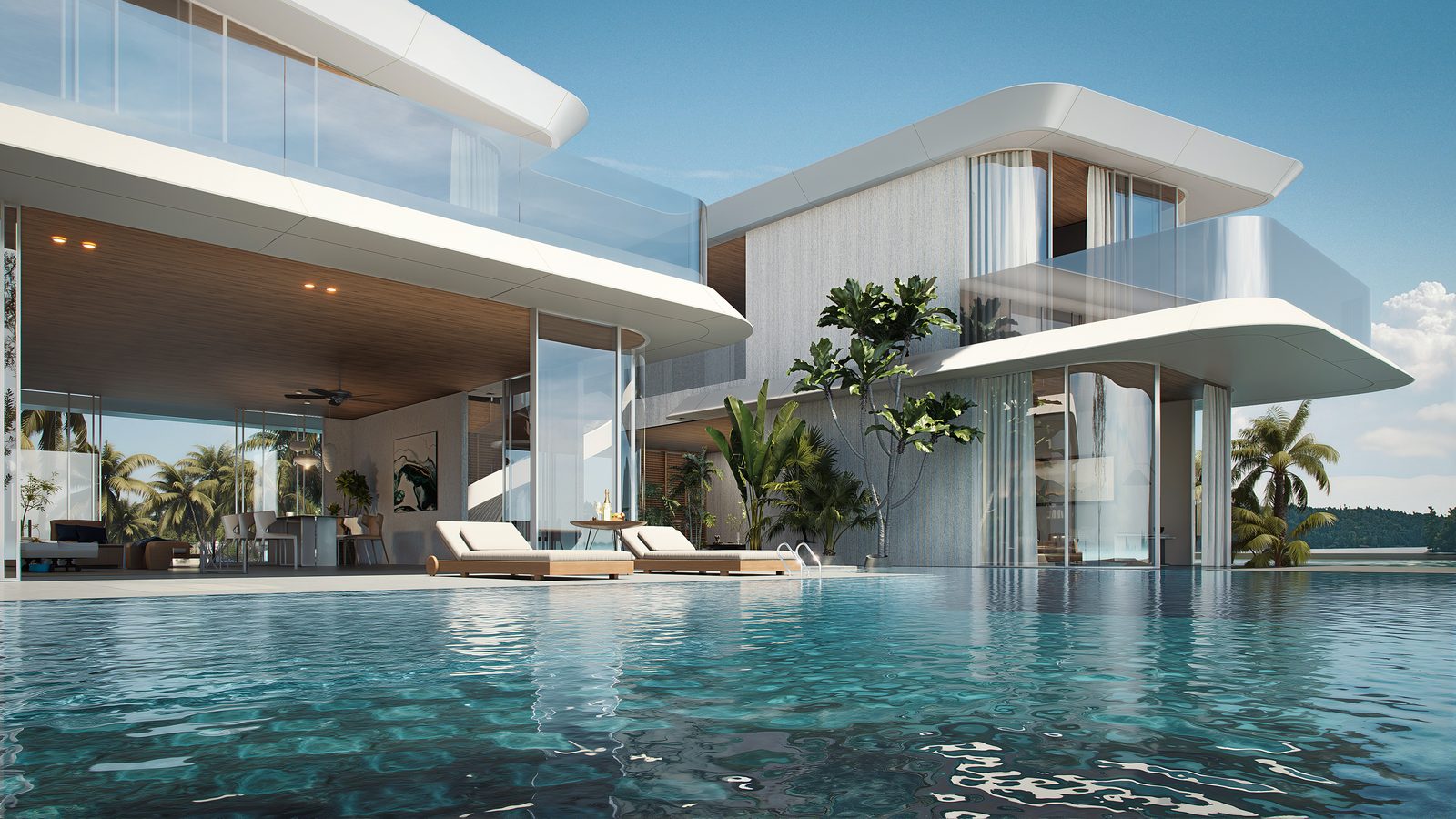 Cantilevered white villa above the swimming pool
