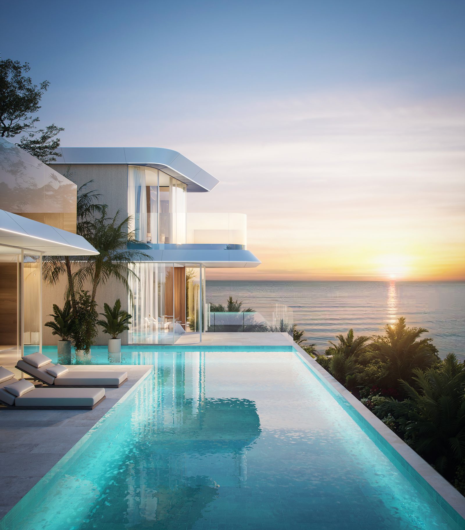 Villa and pool at dusk by the ocean