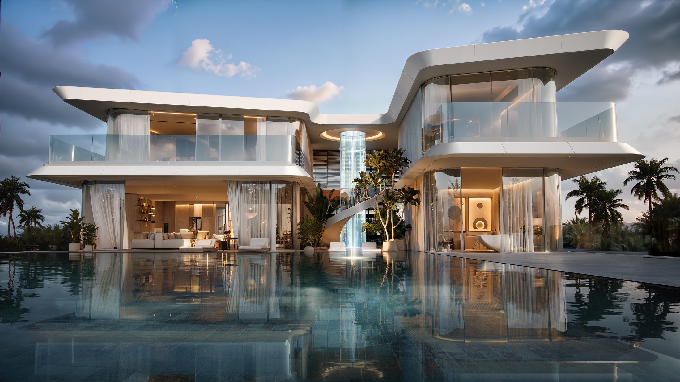 Cantilevered white villa above the swimming pool