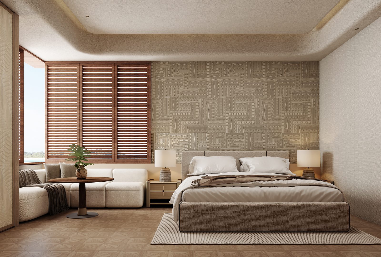 Master bedroom with sea view through full-height glass