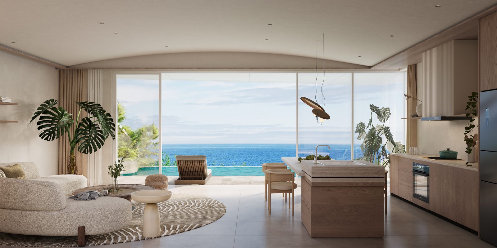 Three-bedroom villa living room with ocean view