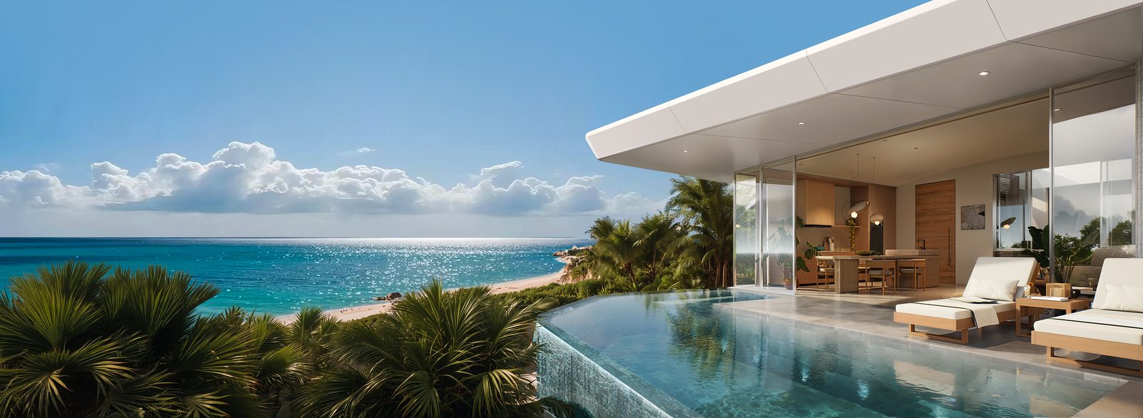 Pool terrace overlooking the sea with sun loungers