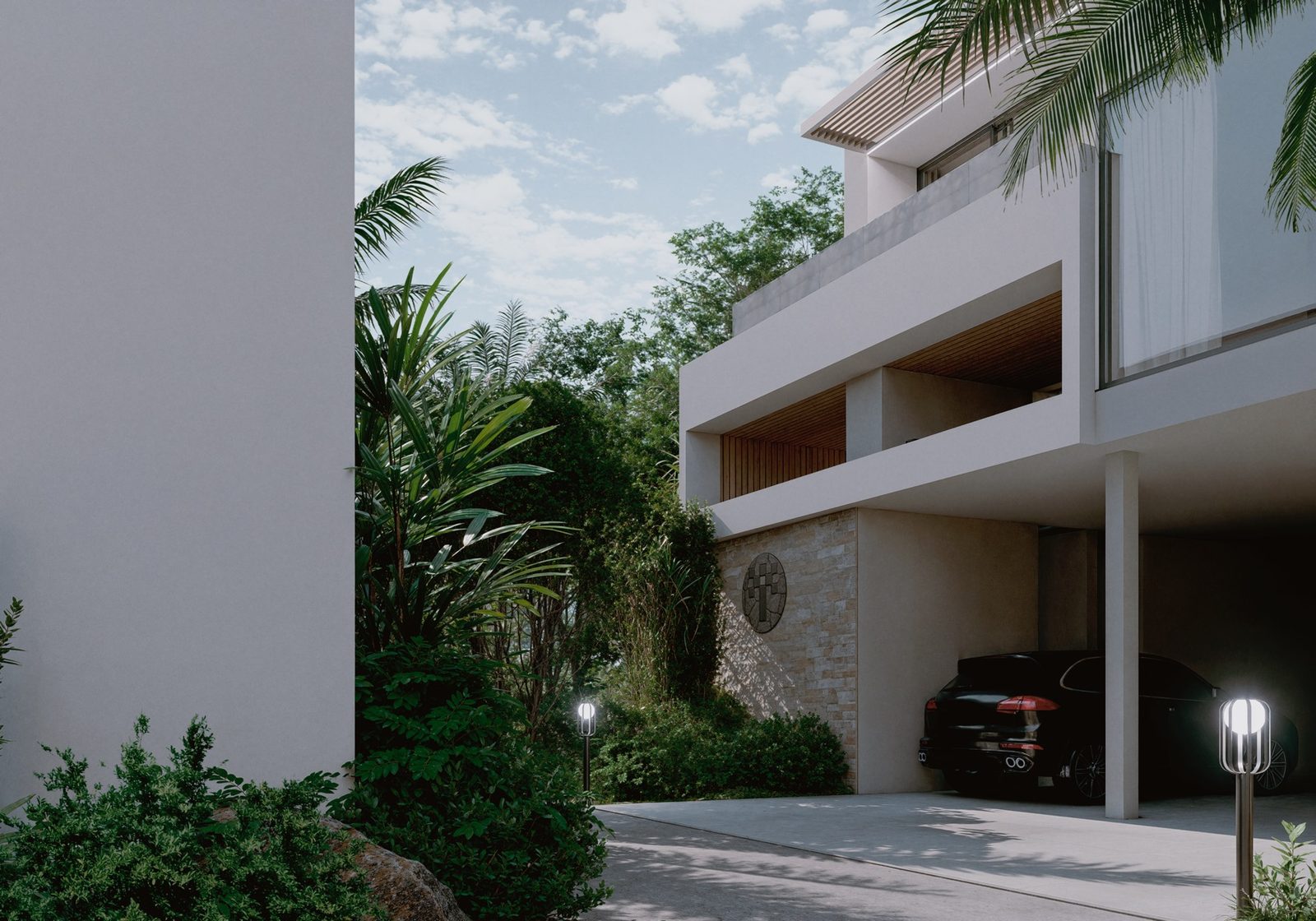 Pool villa exterior at twilight