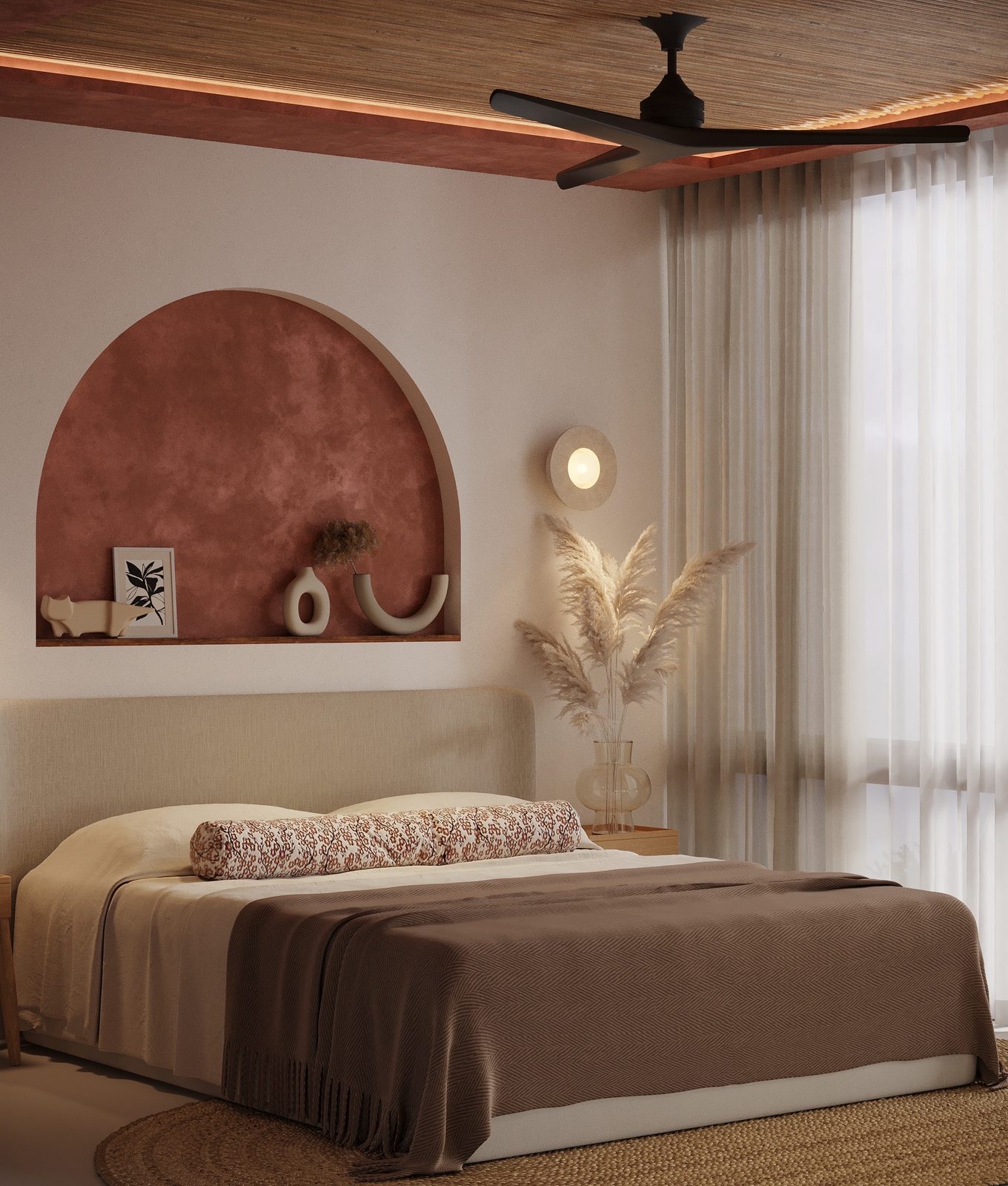 Bedroom with warm natural finishes