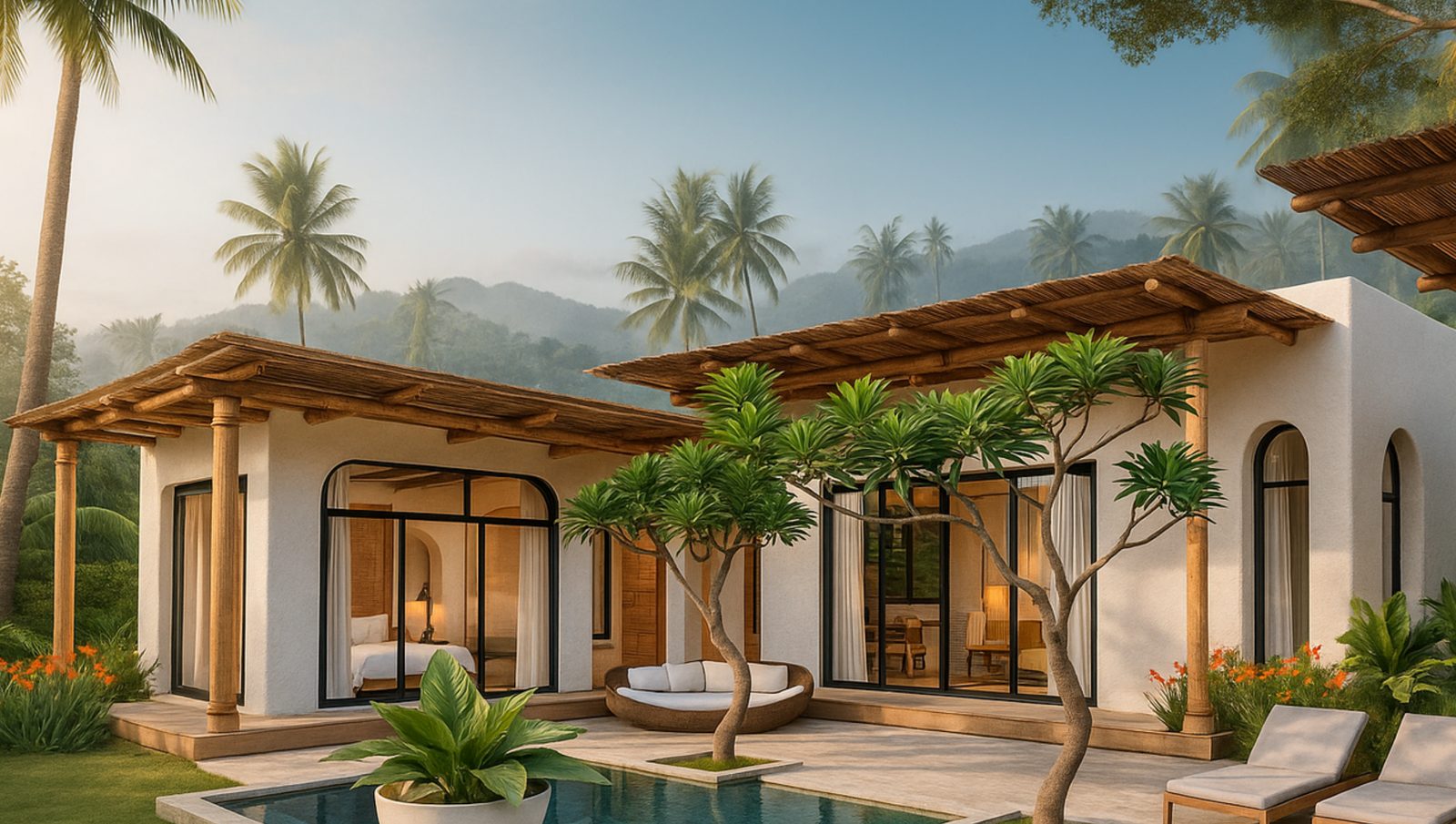 Private pool and timber pergola with mountains beyond