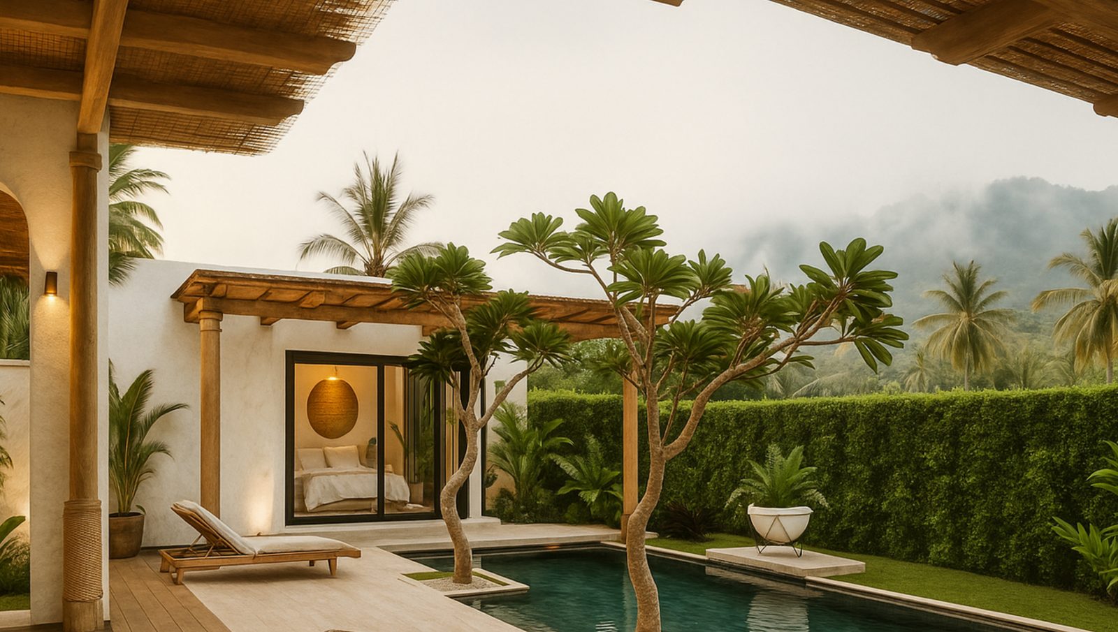 Pool terrace with a hanging chair and tropical planting