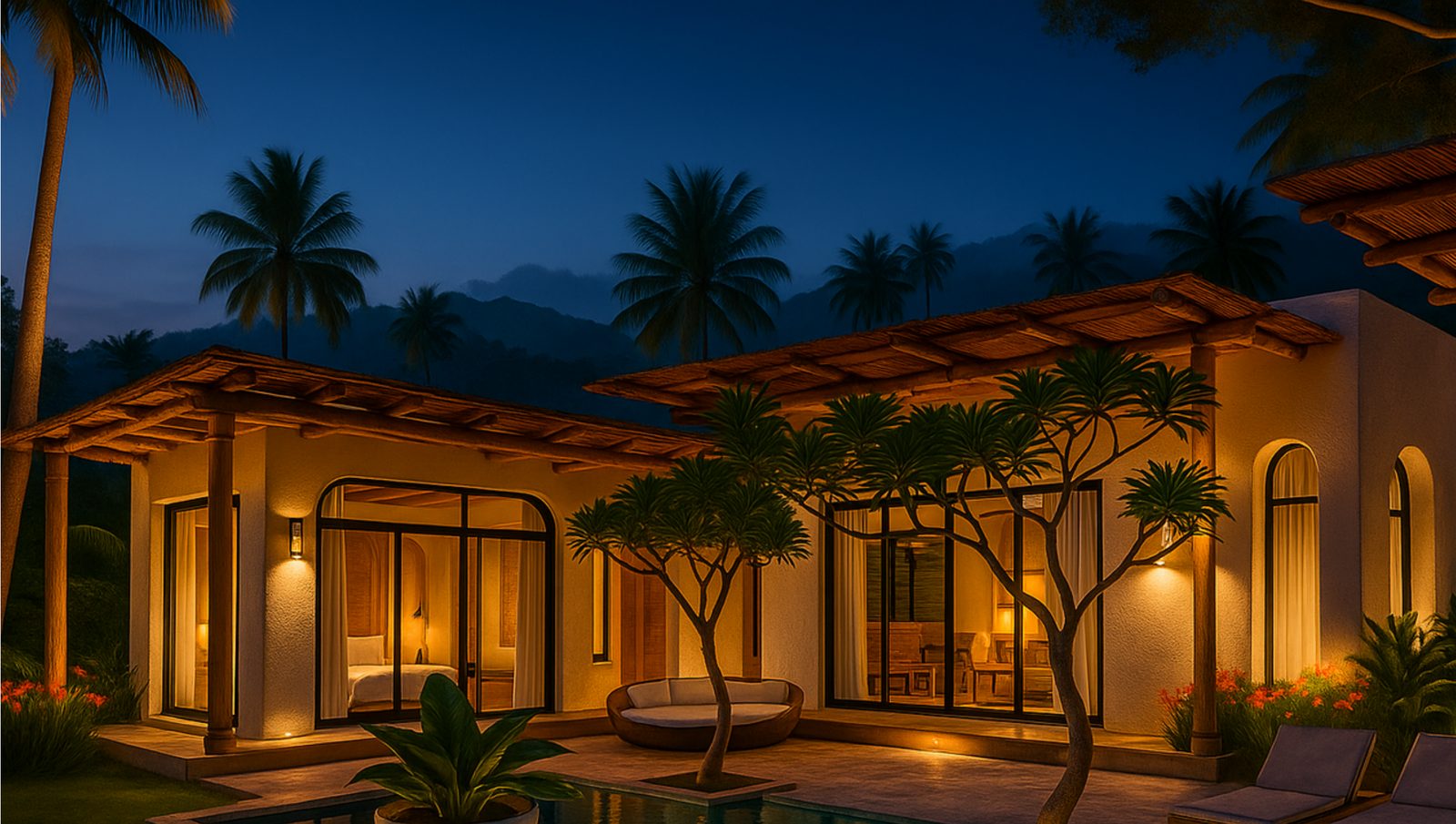 Villa glowing at dusk beside the pool