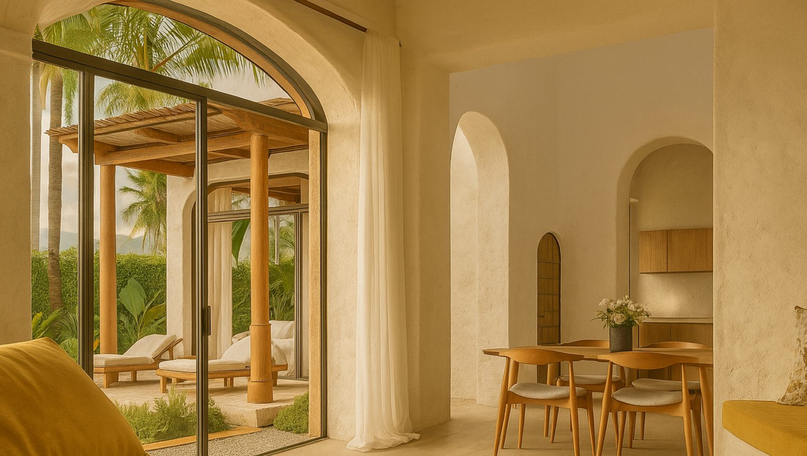 Open-plan living and dining with arched windows