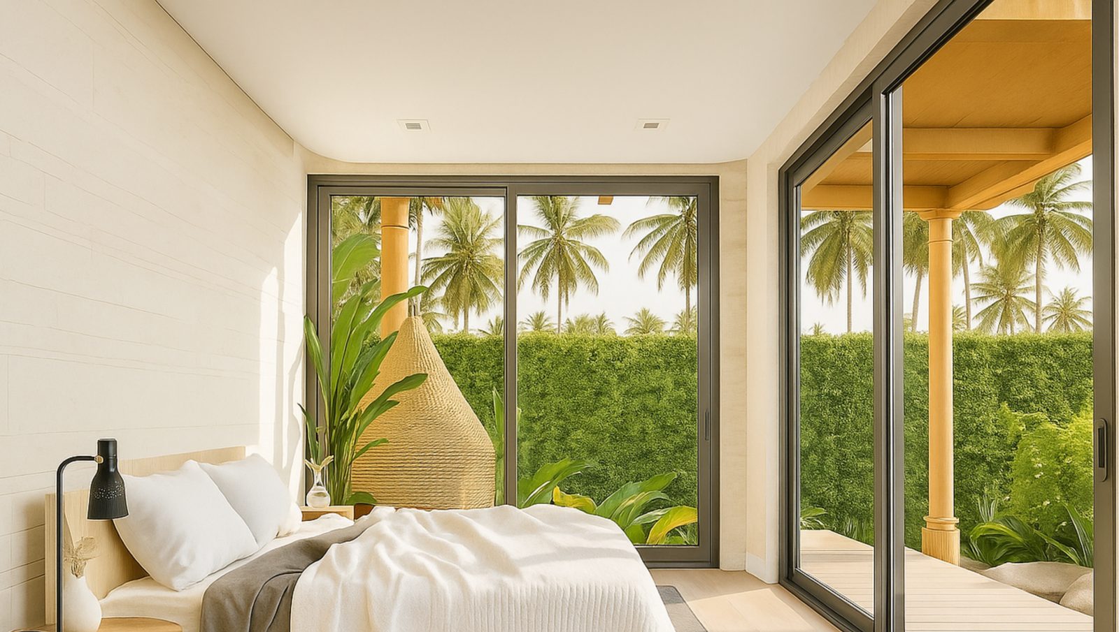 Guest bedroom with full-height glass onto the garden