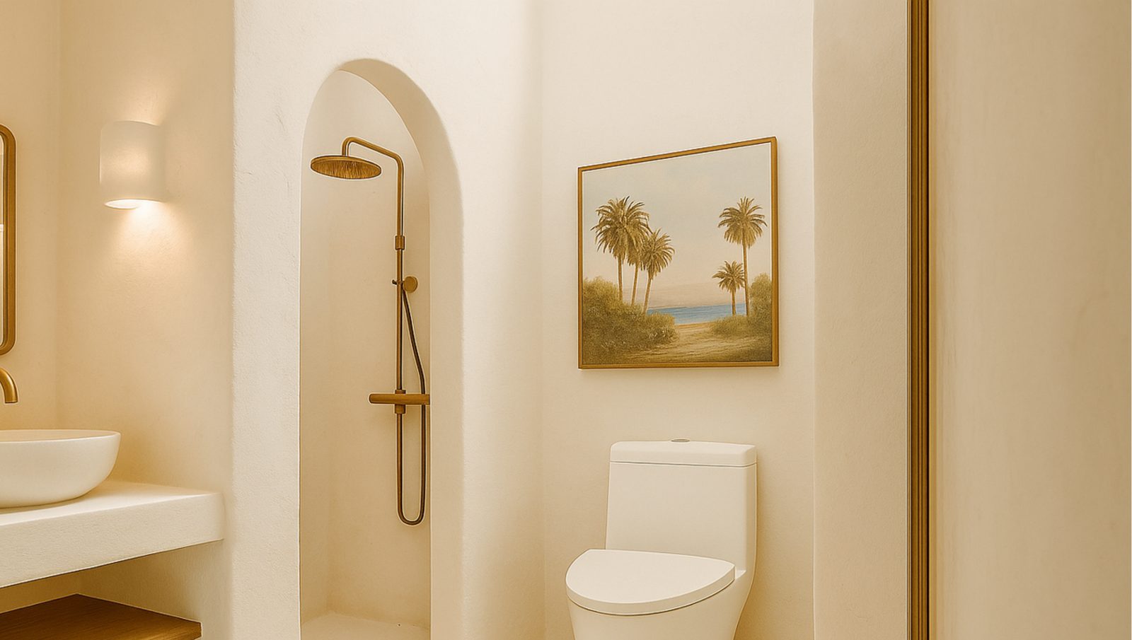 Bathroom with a walk-in rain shower and framed art