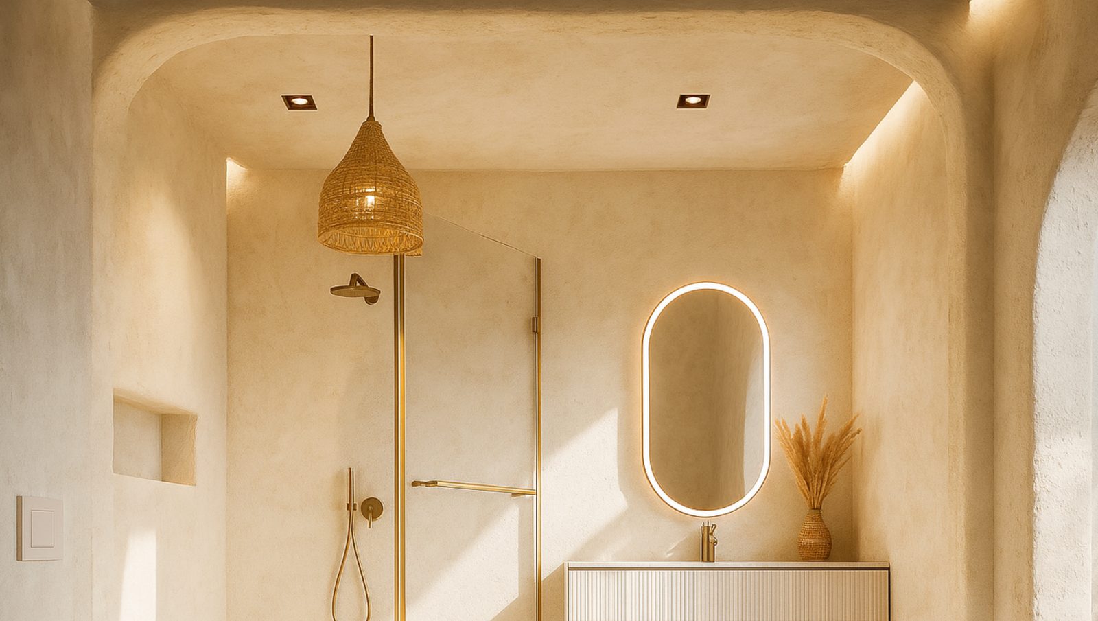 Bathroom with an arched ceiling and backlit mirror