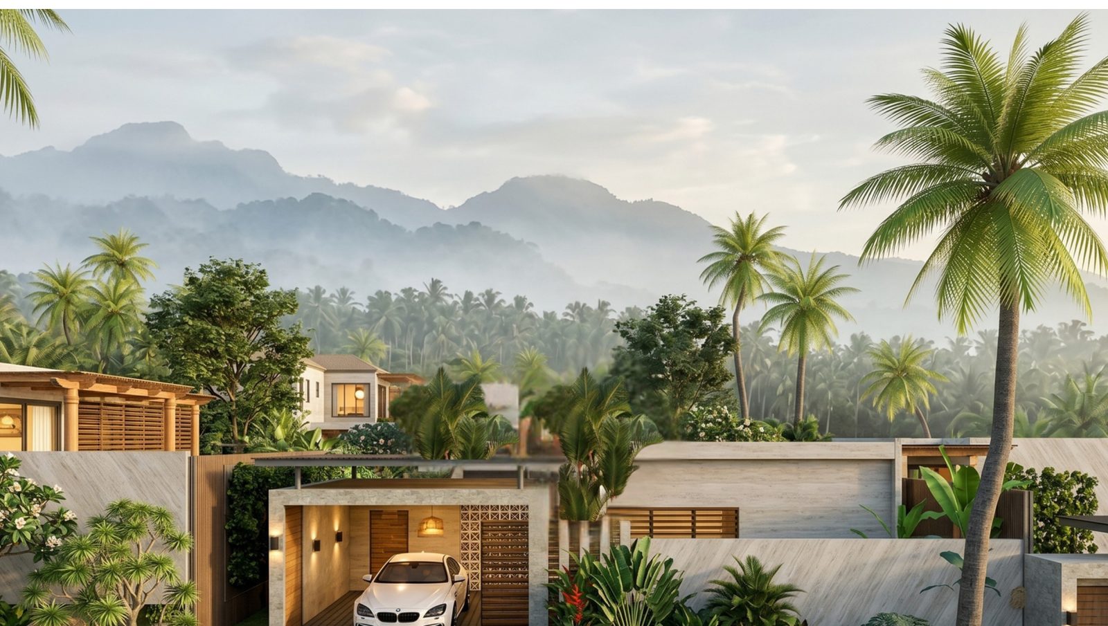 Villa entrance and covered parking among the palms