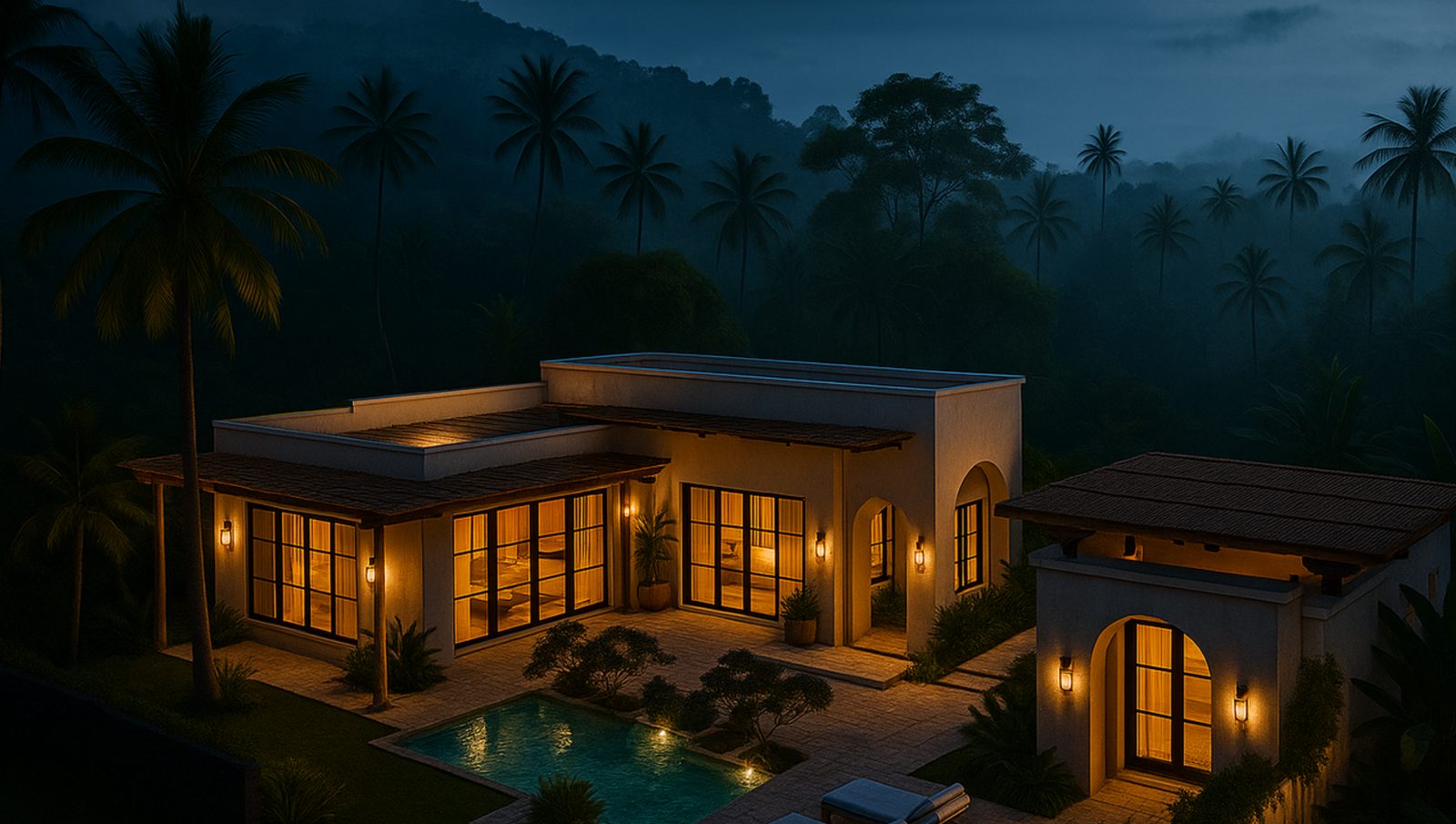 Aerial view of the lit villa and pool at night