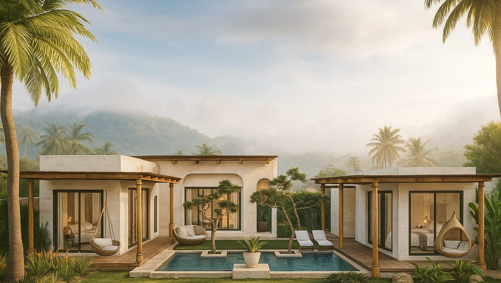 Private pool and timber pergola with mountains beyond