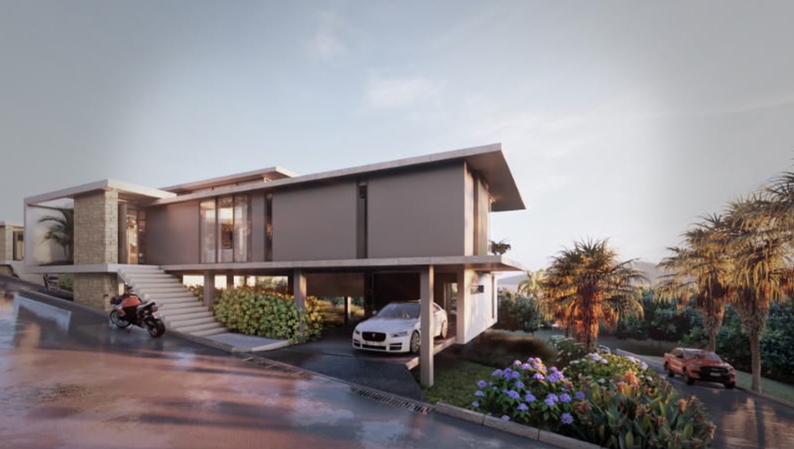Villa with covered parking beneath the main living floor