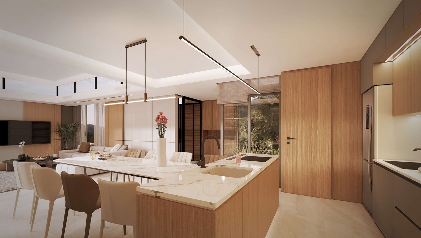 Open-plan kitchen and dining in marble and oak