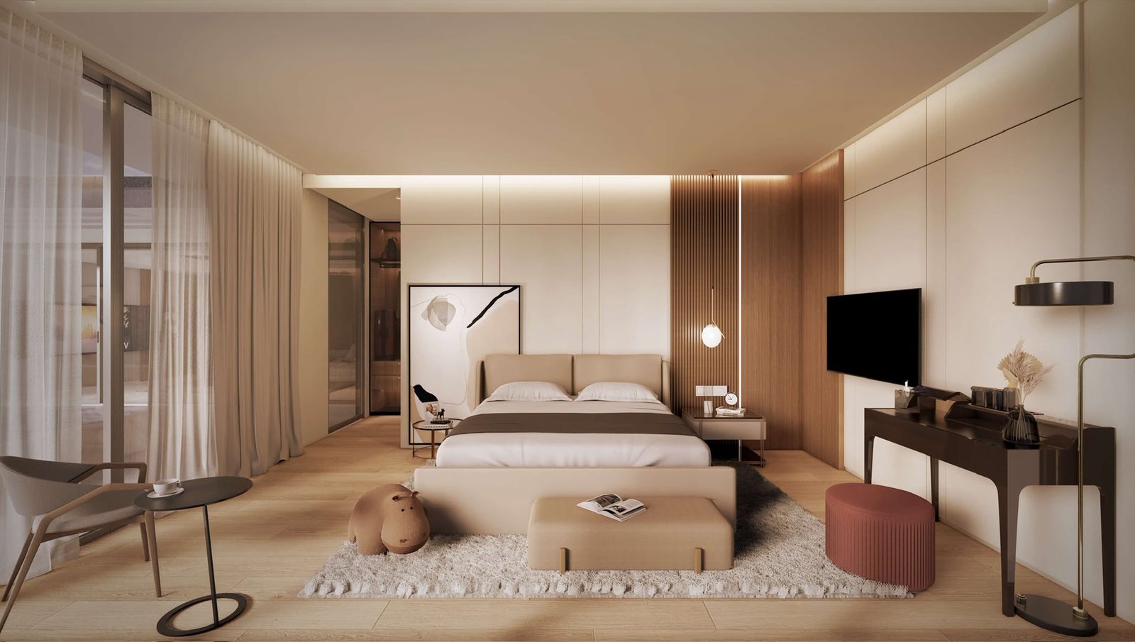 Master bedroom with warm timber and marble finishes