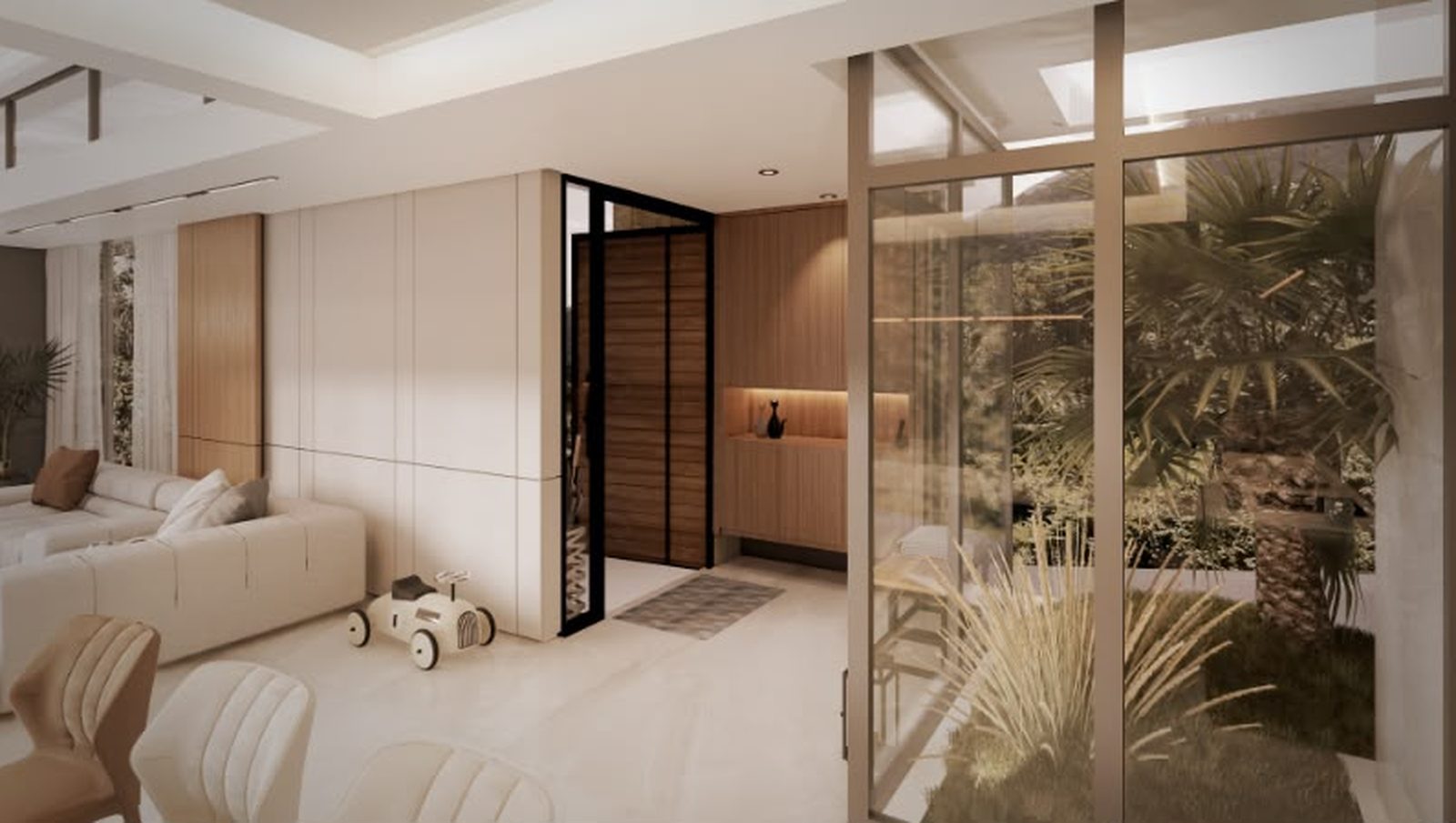Bedroom with a dressing area and soft lighting