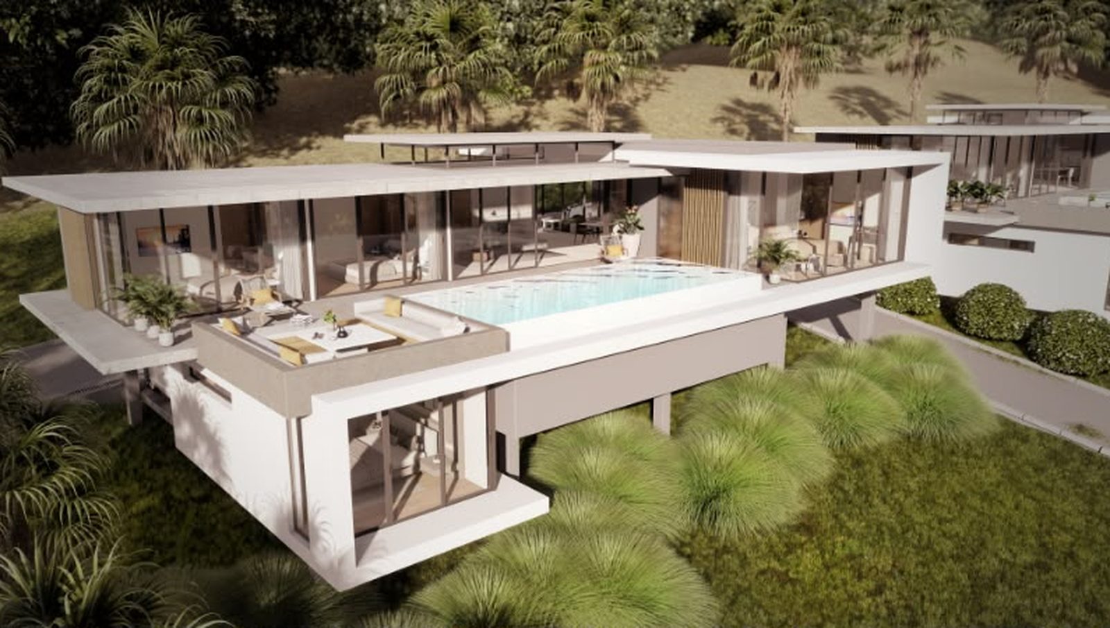 Aerial view of the villa and its rooftop pool