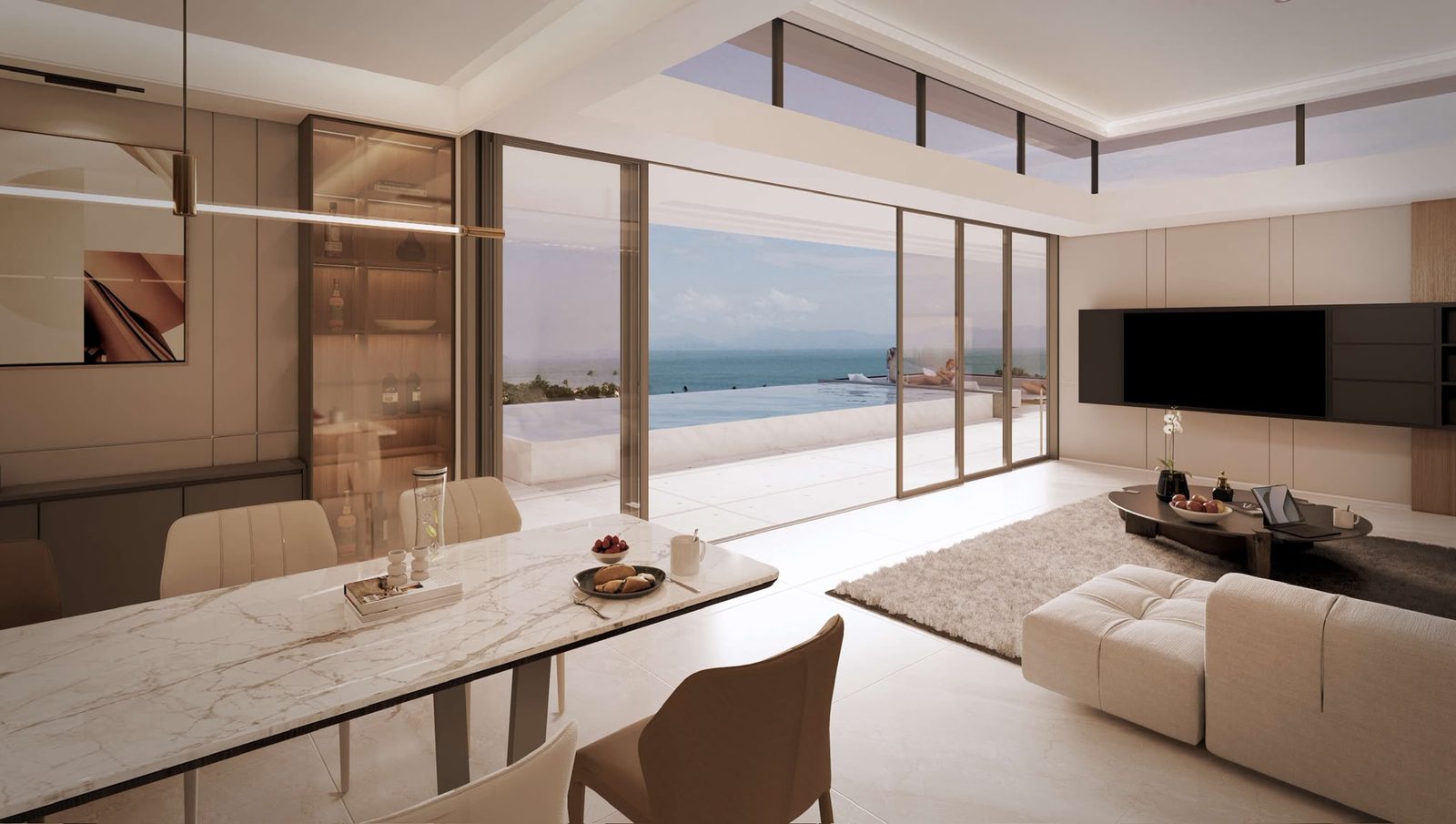 Living and dining room opening to the ocean view
