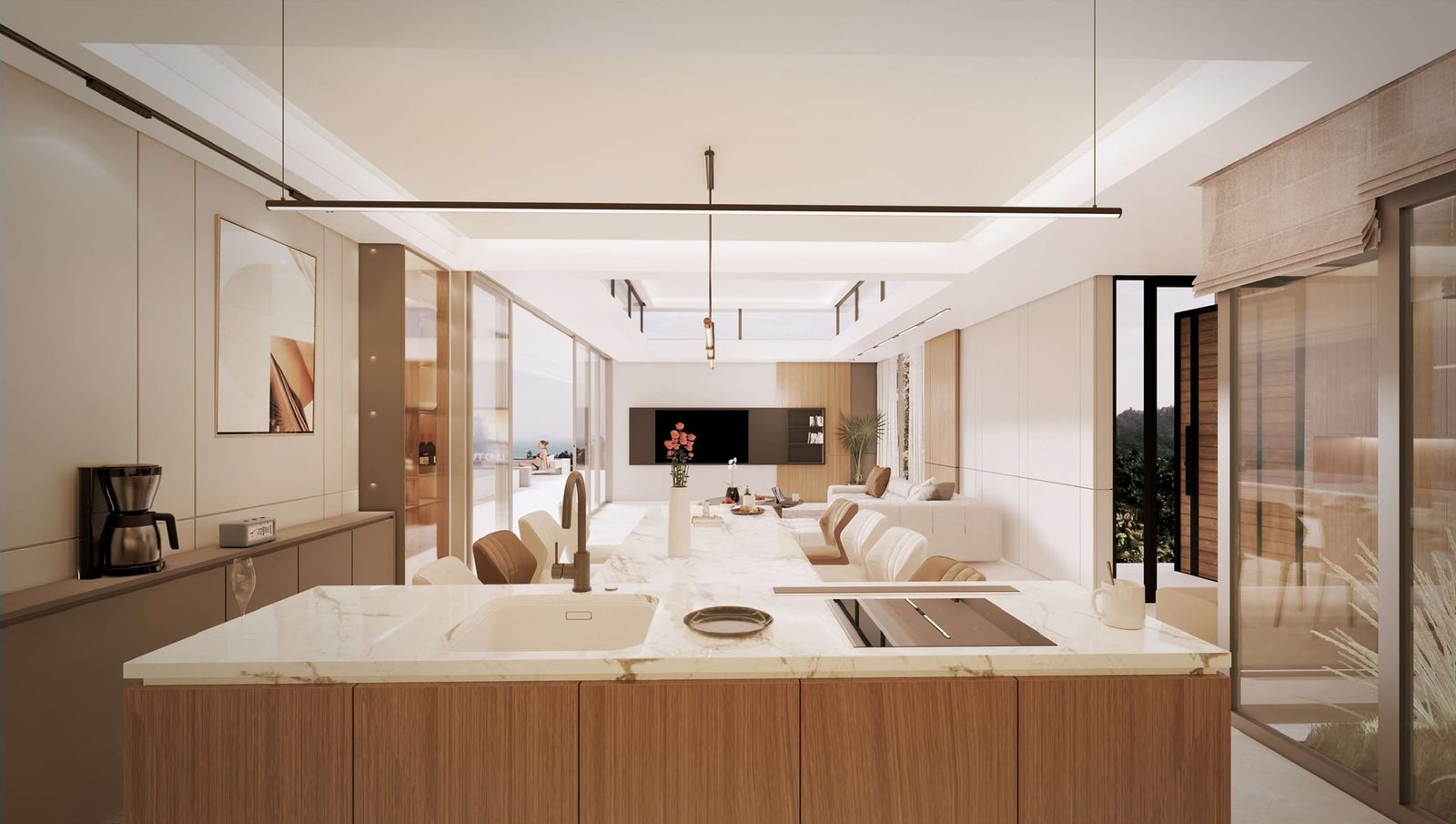 European kitchen with a marble island